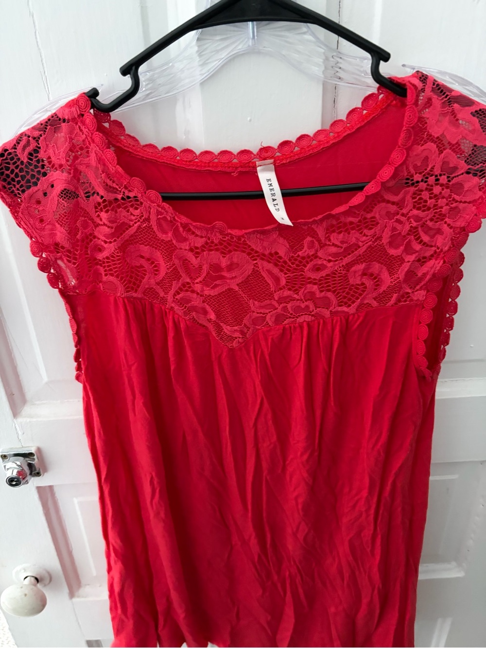 Emerald Red Lace Yoke Sleeveless Blouse